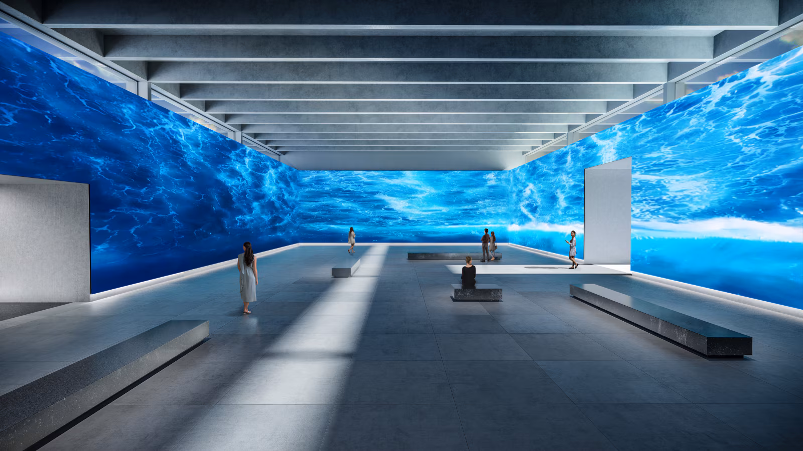 Professionals collaborating in front of a large display