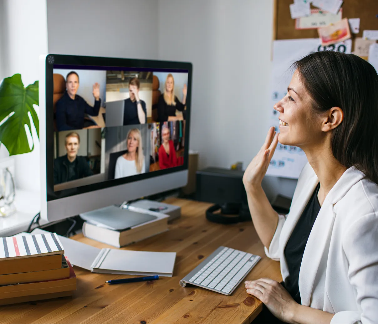 Customer service agent using a headset in a modern office