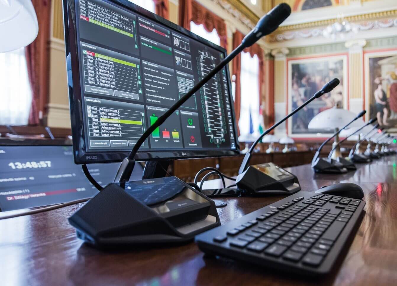 A modern conference room with advanced audiovisual technology