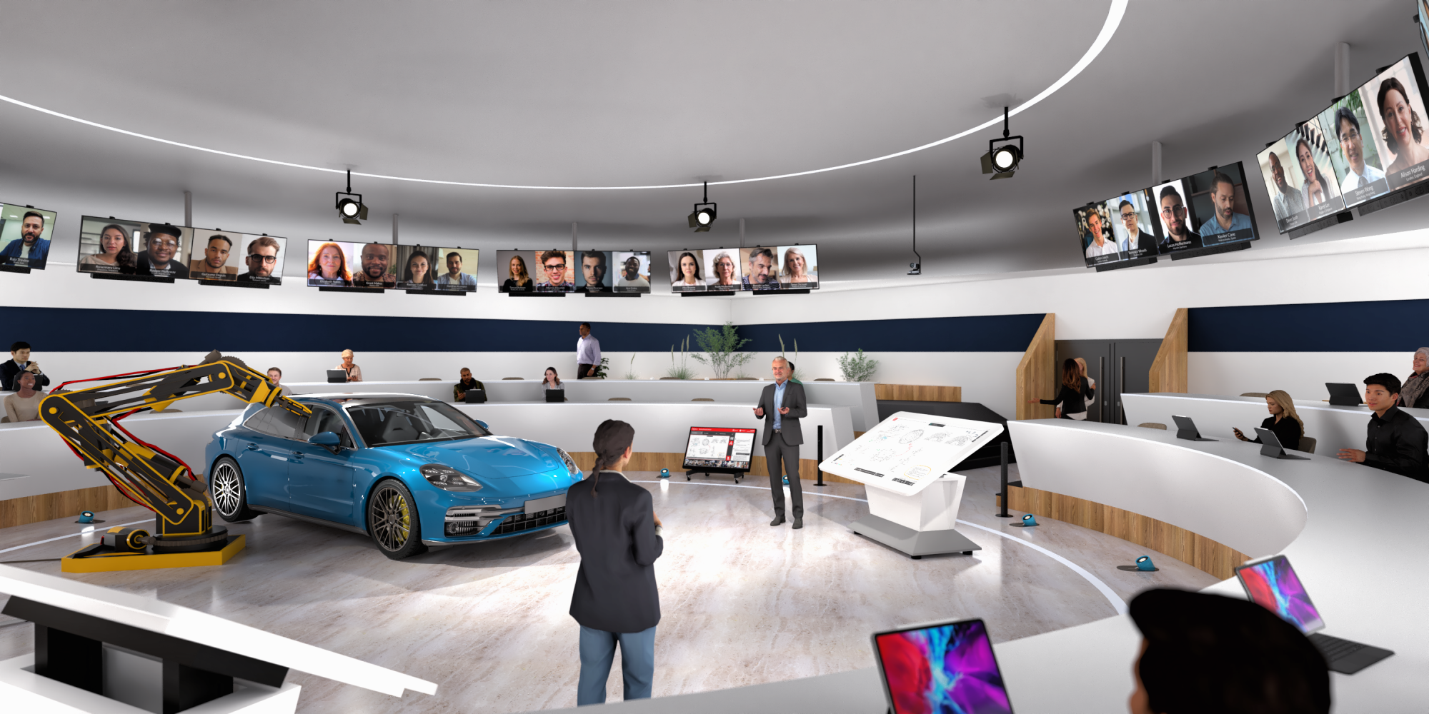 Hybrid classroom with remote participants on screen