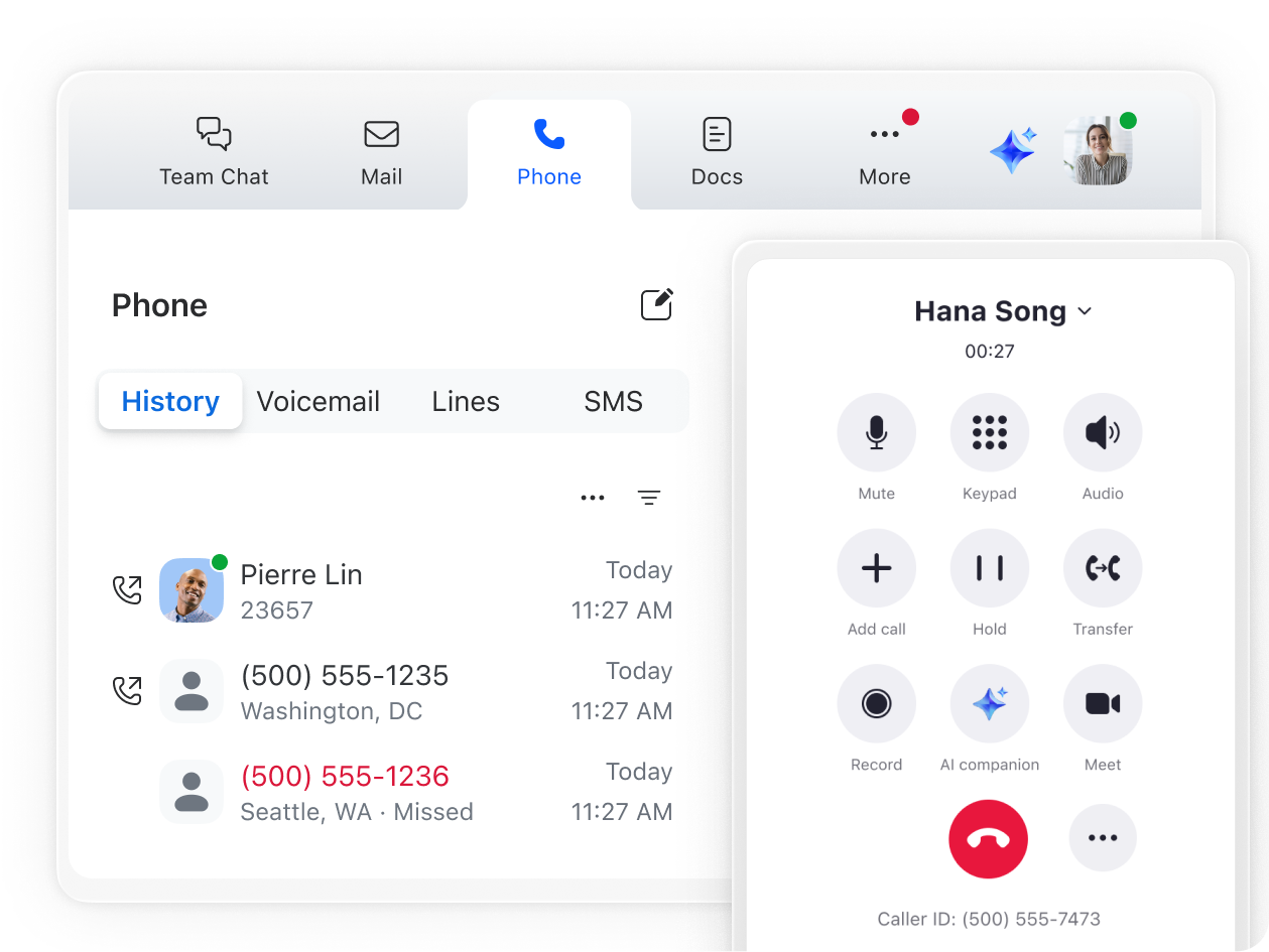 Desk with a VoIP phone and a laptop running Zoom Phone